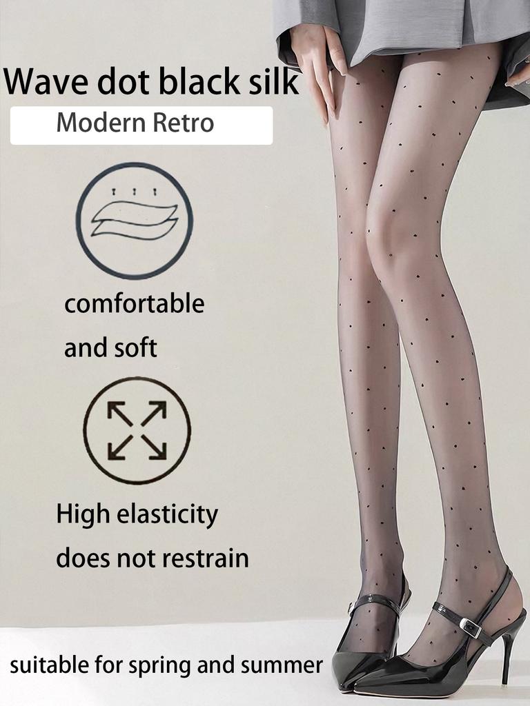 Women'S Retro Polka Dot Black Sheer Pantyhose, Elegant High-Stretch Skin-Friendly Hosiery, Ideal For Office & Romantic Looks