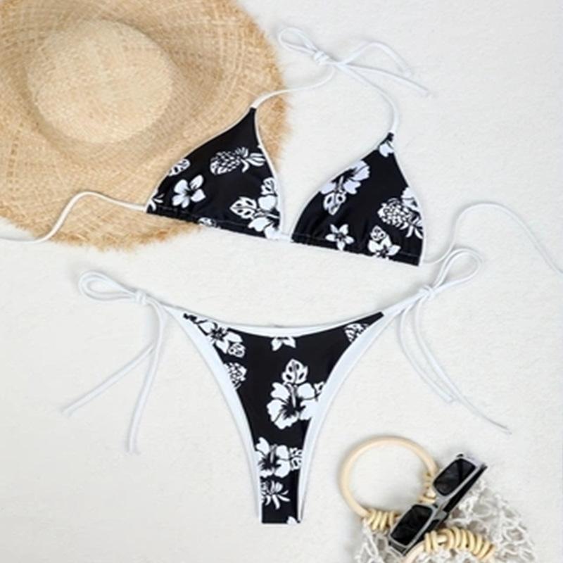TS JYL-SW254 Printed Ruffle Bikini Set, Mesh Three-Piece Swimwear For Beach M