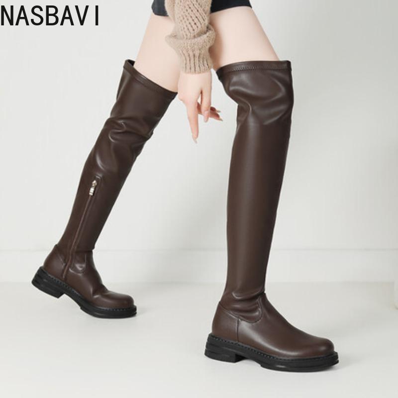 

NASBAVI Plain White Round Toe Casual Women Overknees Shoes Winter Square Low Heel Flats Zipper Over-the-knee Stretch Long Boots 39