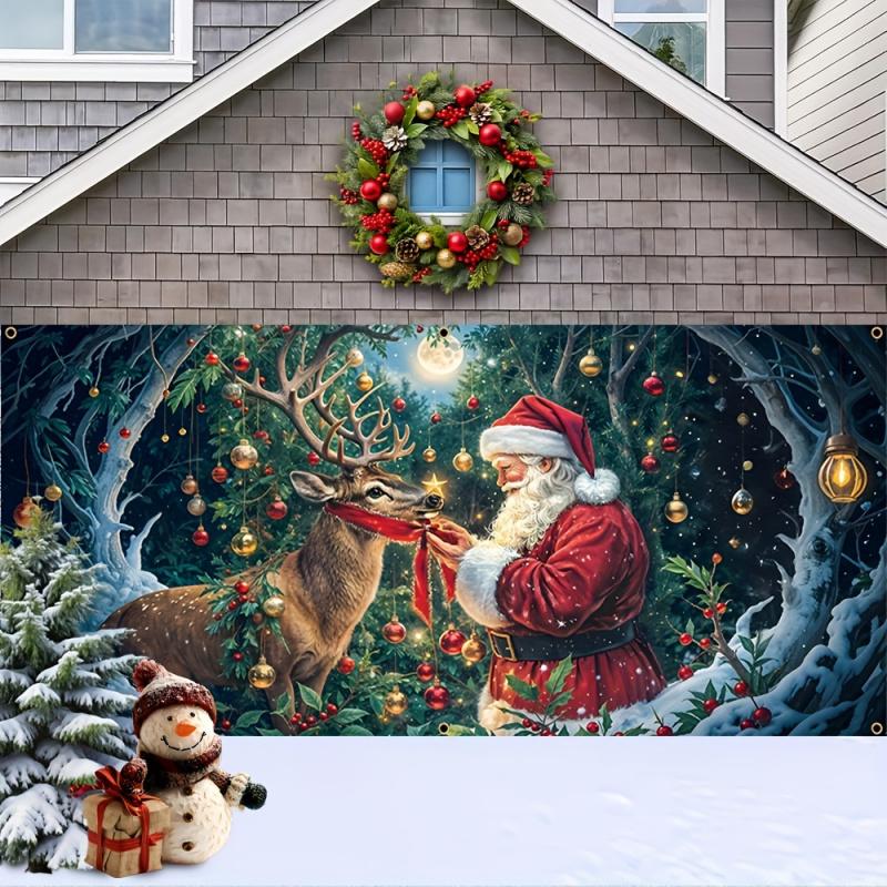 1 Stück 2D Flaches Weihnachtsgaraenbanner - Weihnachtsmann und Rentier in verschneiter Szene mit Feiertagsdekorationen Kein Strom erforderlich