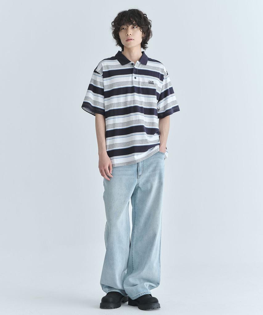 CGP Multi-Stripe Short-Sleeve Collared T-Shirt - Dark Navy