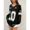 Nuova T-shirt a rete con stampa digitale europea e americana, scollo a V - Top sportivo a maniche lunghe, trendy, individuale, versatile, casual da donna