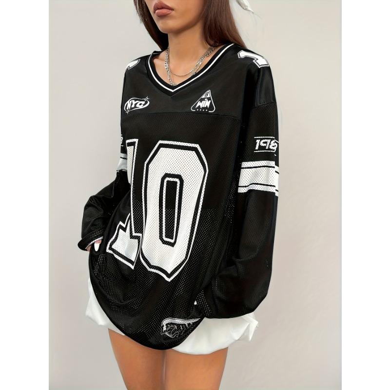 Nuova T-shirt a rete con stampa digitale europea e americana, scollo a V - Top sportivo a maniche lunghe, trendy, individuale, versatile, casual da donna