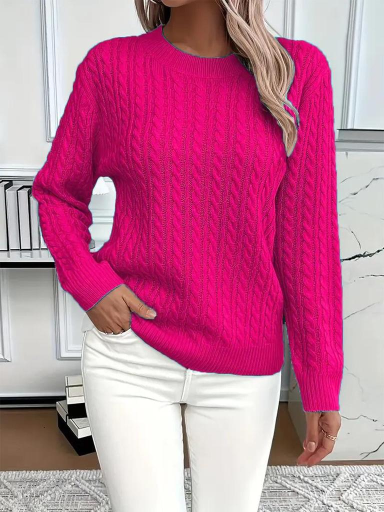 Women's Solid Color Cable Knit Crew Neck Sweater for Autumn/Winter 2025