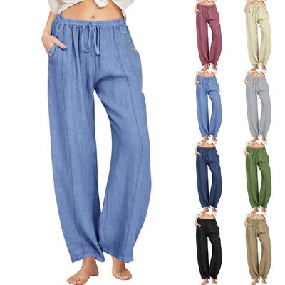 Women's Fashion Loose Button Casual Wide Leg Cotton Linen Drawstring Solid Color Pants