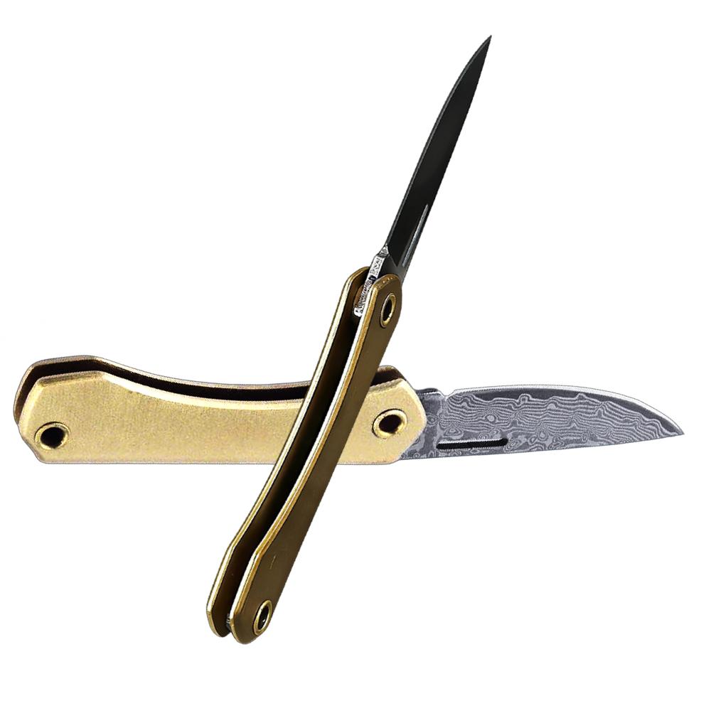 Damascus/D2 Steel Sharp Blade Brass Handle Mini Folding Knife, Keychain Utility Knife for Outdoor Camping Hiking Daily EDC Tool