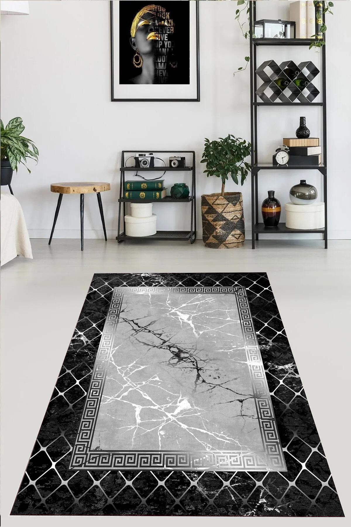 

YTRHOME Home Modern E1044-2 Нескользящая точечная основа с цифровой печатью нового поколения для гостиной, кухни, прихожей, ковра и напольного коврика 50 x 80 серый/чёрный