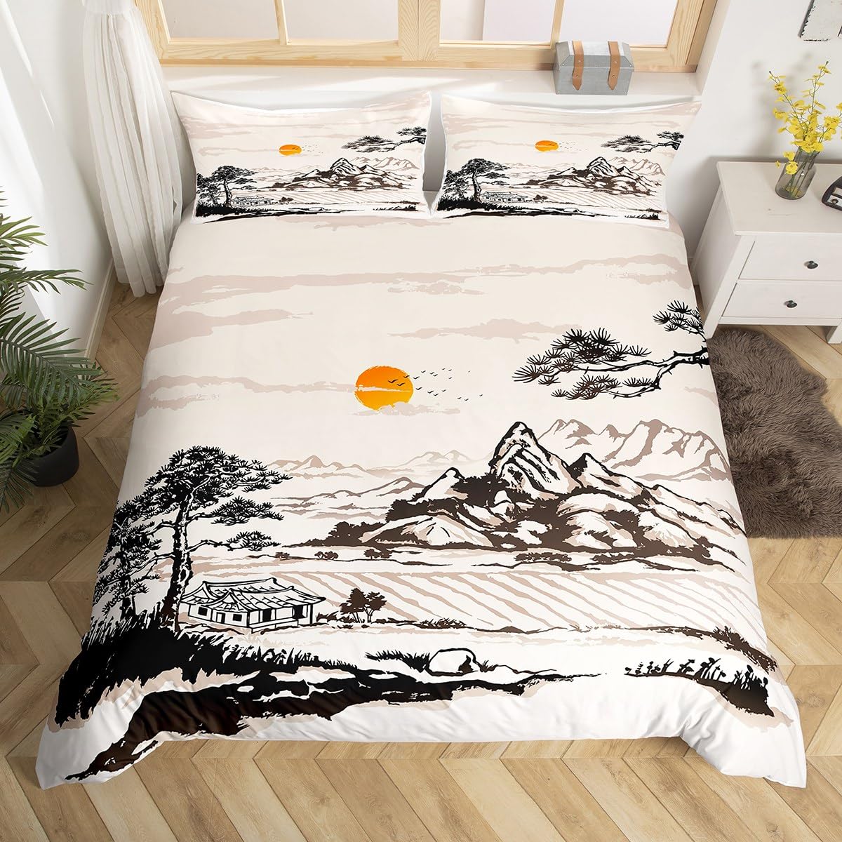 

White Crane Down Duvet Cover Queen King Size Wild Bird Animal Bedding Set Ink Painting Quilt Cover Trees Branches Plants 3 Pcs EU SK(260*220cm)3pcs