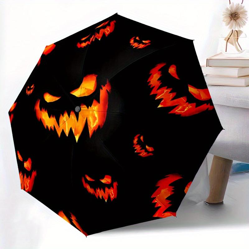 1pc Pumpkin Faces Automatic Open/close Folding Compact Umbrella, 8-Rib Sturdy Canopy, Lightweight Portable, Everyday Use, Gift,094