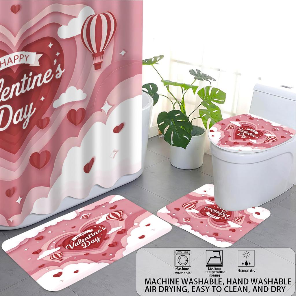 4pcs Valentine's Day Pink Romantic Love Printed Bathroom Set Waterproof Shower Curtain Floor Mat U-shaped Toilet Mat