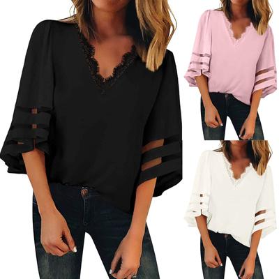 Damenmode Lässig Einfarbig Spitze V-Ausschnitt Ärmel T-Shirt Top Bluse