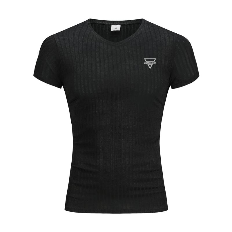 

Muscleguys Men Bodybuilding V Neck Short Sleeve Shirt Gym Fitness Muscle Slim Fit Knit Strips T-shirt Breathable Quick Dry Summrt Clothing M чёрный