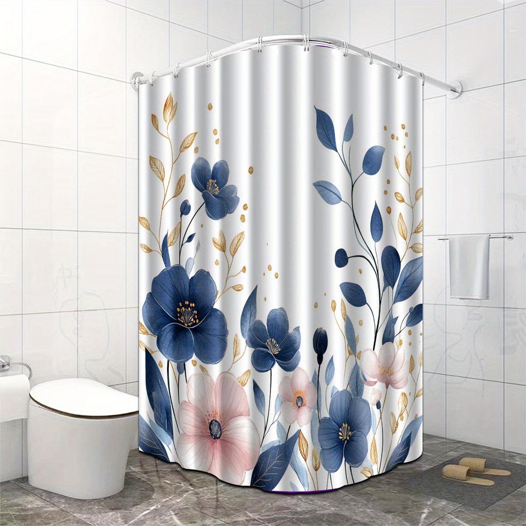1Pc Blue Floral Pattern Shower Curtain With Hooks, Bathroom Partitions, Bathroom Accessories, Home Decoration