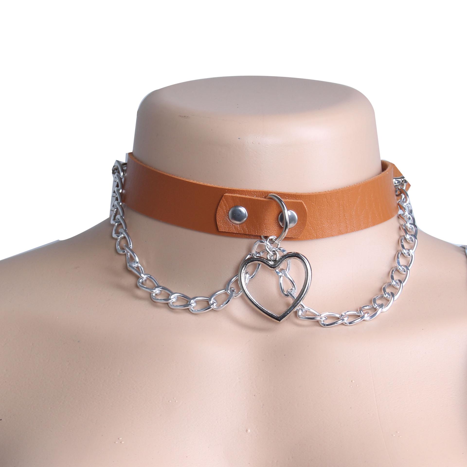 Chain Love Heart Choker Necklace with Heart Pendant - Leather Collar Accessory