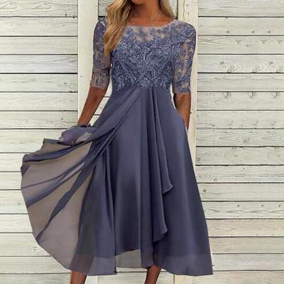 Women's Floral Lace Midi Dress Summer Crewneck Chiffon Swing Dress Cocktail Evening Long
