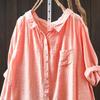 Johnature Women Vintage Shirts Tops Patchwork Pockets Solid Color Turn-down Collar Half Sleeve Thin Summer Shirt