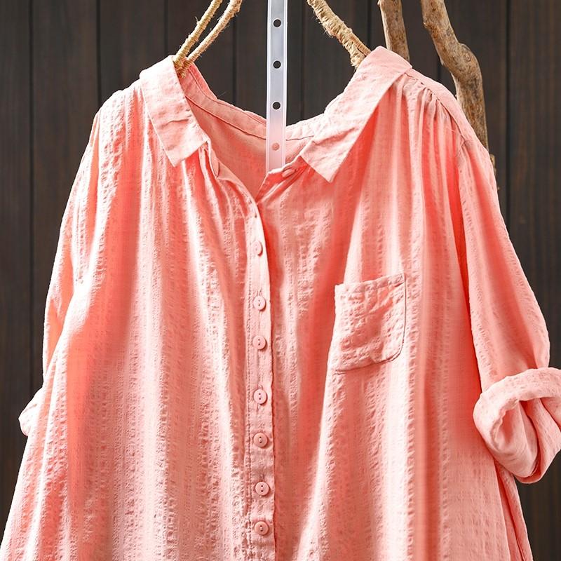 Johnature Women Vintage Shirts Tops Patchwork Pockets Solid Color Turn-down Collar Half Sleeve Thin Summer Shirt