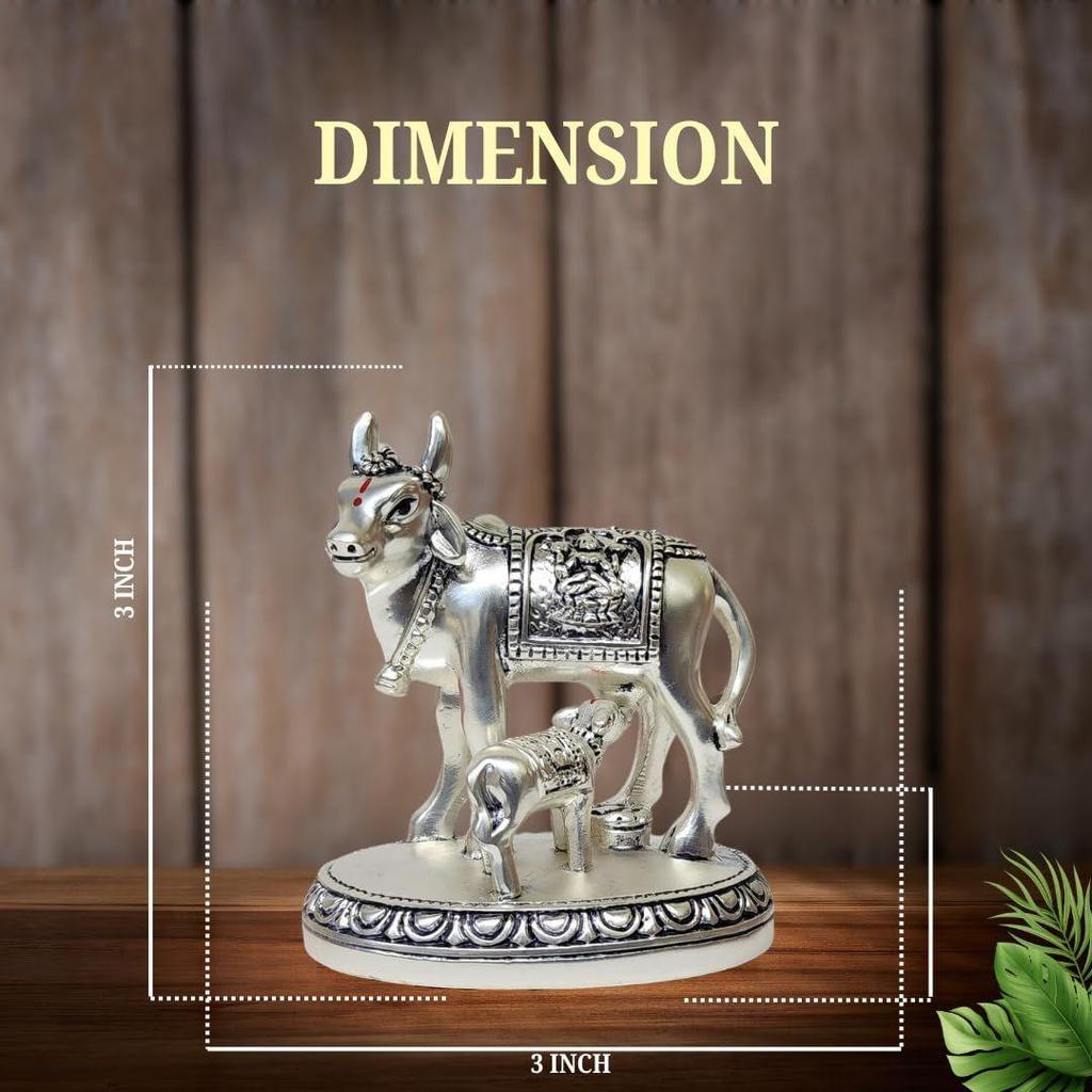 Kamdhenu Cow and Calf Idol | Silver Matte Finish Decorative Murti | 7.62 Cm X 7.62 Cm | Sacred Gau MATA Statue for Home Temple & Gift