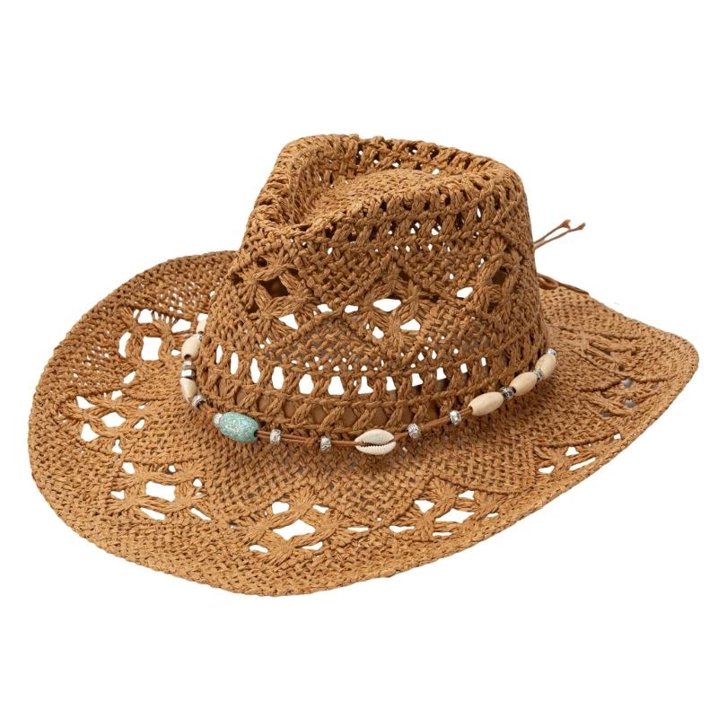 Handmade Sun Hat Hollowout Sun Protective Hat Wide Brims Hat with Bead Band Vacation Sun Straw Hat Photography Headpiece
