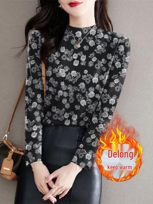 Women's Autumn/Winter Floral Ribbed Fleece Base Layer Top, Semi-High Neck, Slimming Long Sleeve