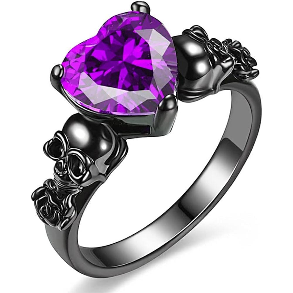 Gothic Skull Black Rose Flower Rings Women Purple Red Heart Zircon Crystal Valentine's Day Anniversary Engagement Jewelry