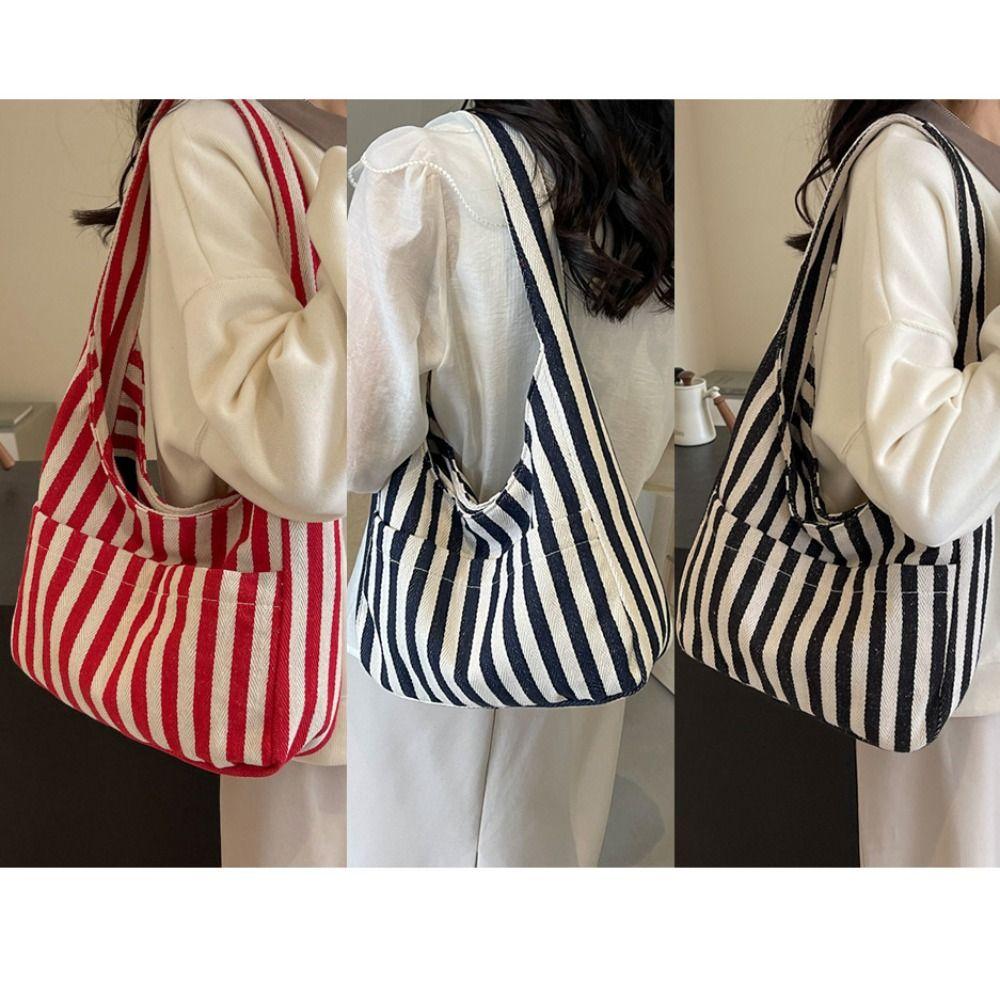 Daily Magnetic Snap Vertical Stripe Bag Tote Vintage Commute Handbag Canvas Shoulder Bag Girls