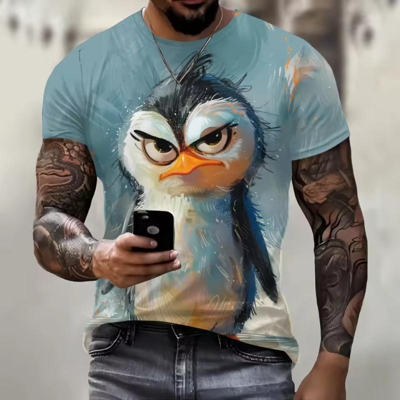 Tricou Casual cu Gât Rotund și Mânecă Scurtă, Tricou Amuzant cu Imprimeu Pinguin 3D Pentru Bărbați, Tendință Stradală, Haine Hip Hop, Top de Vară Larg la Modă