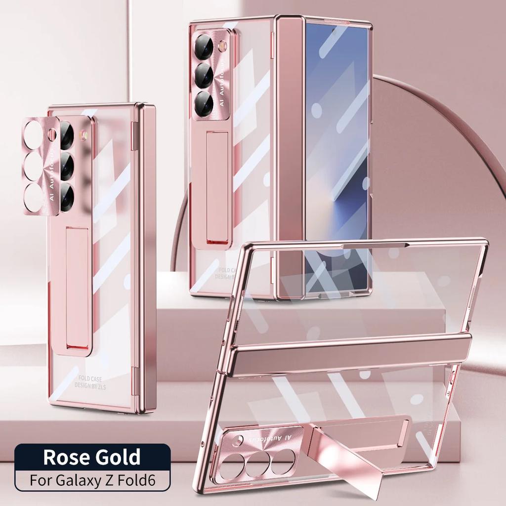 For Samsung Galaxy Z Fold6 7 Phone Case Spring Hinge Pen Slot Holder with Pen Electroplating Transparent Shell Film ZFold6 Cover