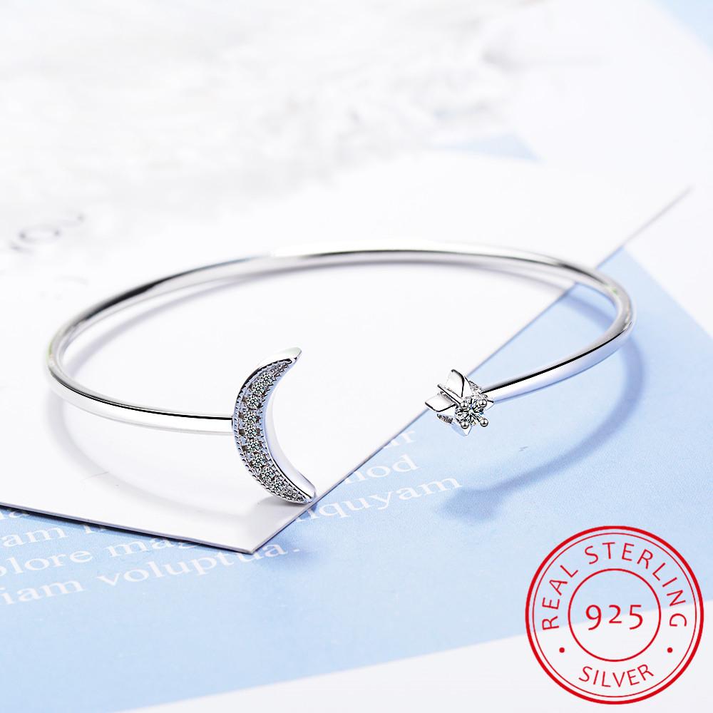 925 Sterling Silver Moon Star Adjustable Bracelet Moissanite Cuff Bangles For Women Fine Jewelry