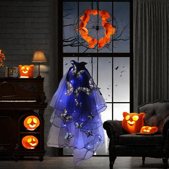 LED Skull Gothic Hairveil Luminous Headband Veil Hairpin with Butterflies Women Ghost