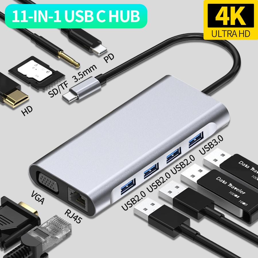 

11 в 1 USB-концентратор USB3.0 4K HD VGA адаптер RJ45 SD/TF-ридер USB-разветвитель типа C 3,5 мм AUX док-станция для MacBook Pro удлинитель