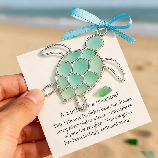 Sea Turtle Ornament with Card Sea Glass Turtle Gifts for Women Turtle Lovers Christmas Tree Hanging Decoration for Indoor Outdoor Home Decor