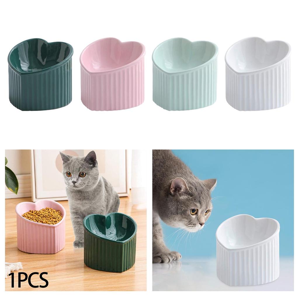 Ceramic Tilted Elevated Cat Bowl Heart Shape Anti Slip Cute for Cats Kitten Small Dogs Functional Width 14cm Handmade Pet Feeder