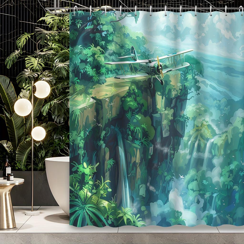 1pc Cartoon Green Jungle Valley Landscape Old Airplane Decor Shower Curtain, 12 Hooks Shower Curtain, Bathroom Decoration