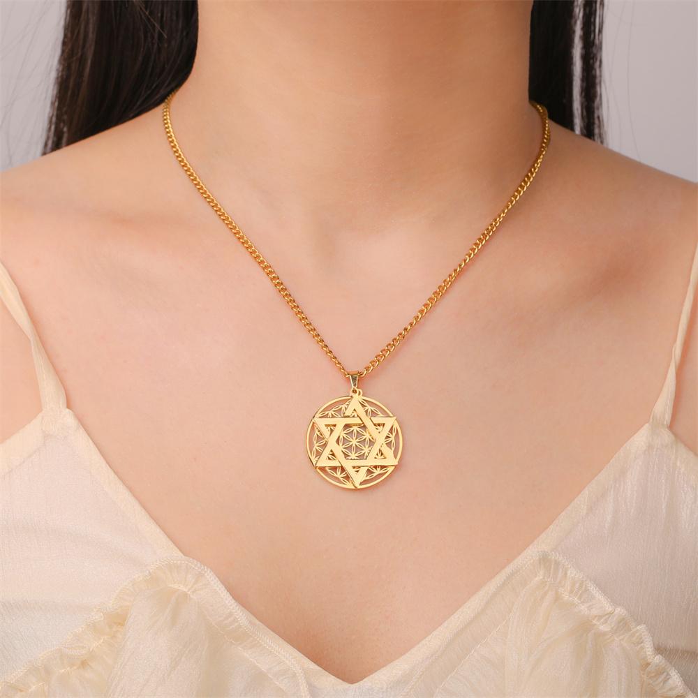 My Shape Flower of Life Star of David Pendant Necklace for Women Men Je Six-pointed Star Charm Chain Stainless Steel Jewelry