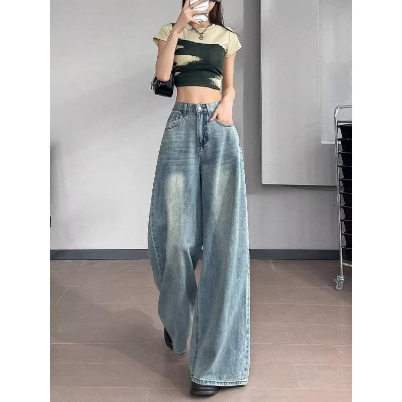 

Light blue wide-leg jeans women s summer thin large size loose straight high waist drape and thin floor pants XS синий