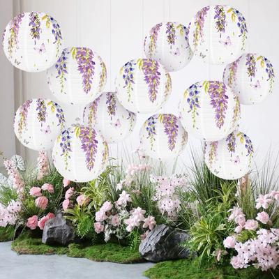 Blumenlaterne Lila Glyzinienblüte Hängende Dekoration Floral Papier Runde Laterne für Frühlings-Teeparty Brautparty Geburtstagsdeko