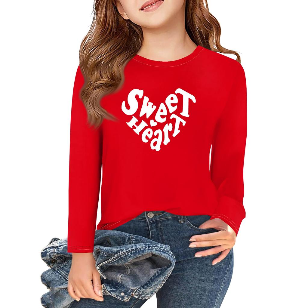 Långärmade T-shirts för flickor med kärlek och alla hjärtans dag-motiv, hösttoppar, rund hals, enkla T-shirts för barn, 5-14 år