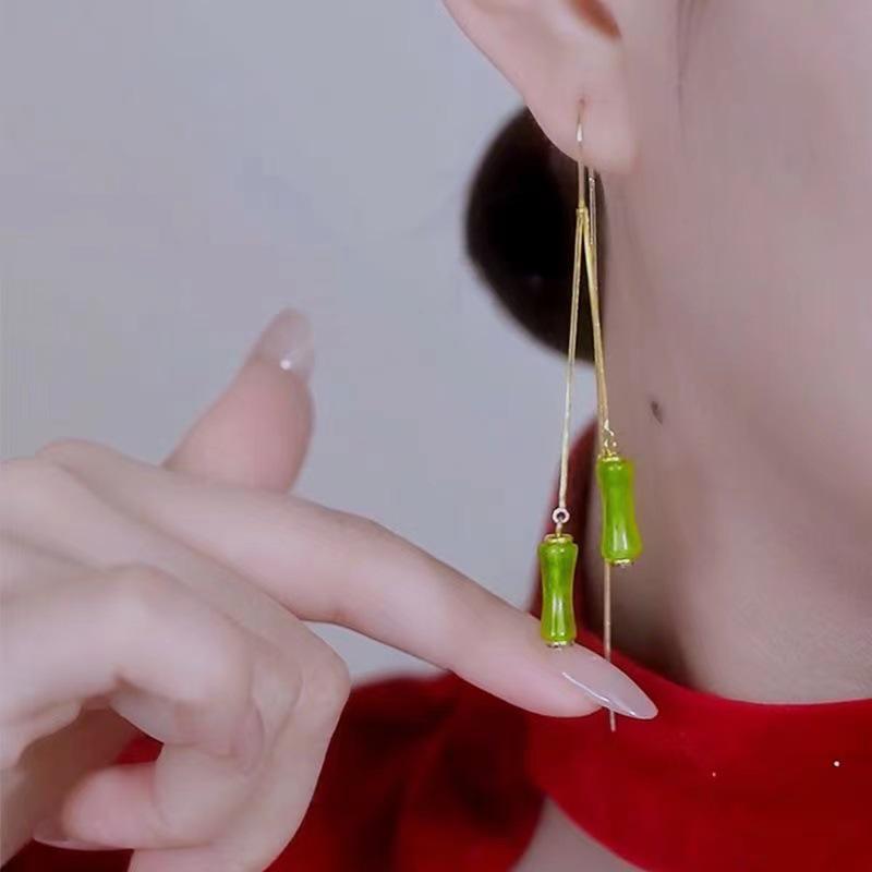 2022 Versatile Green Bamboo Tassel Drop Earrings for Women