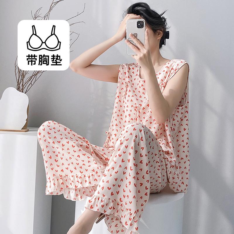 Summer Crew Neck Sleeveless Vest Two-piece Set Cotton and Silk Pajamas Women's Summer Cotton Silk Women's Summer Suit Dress