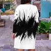 Women Plus Size V Neck Long Sleeve Black White Printed Fitted Straight Midi Dress