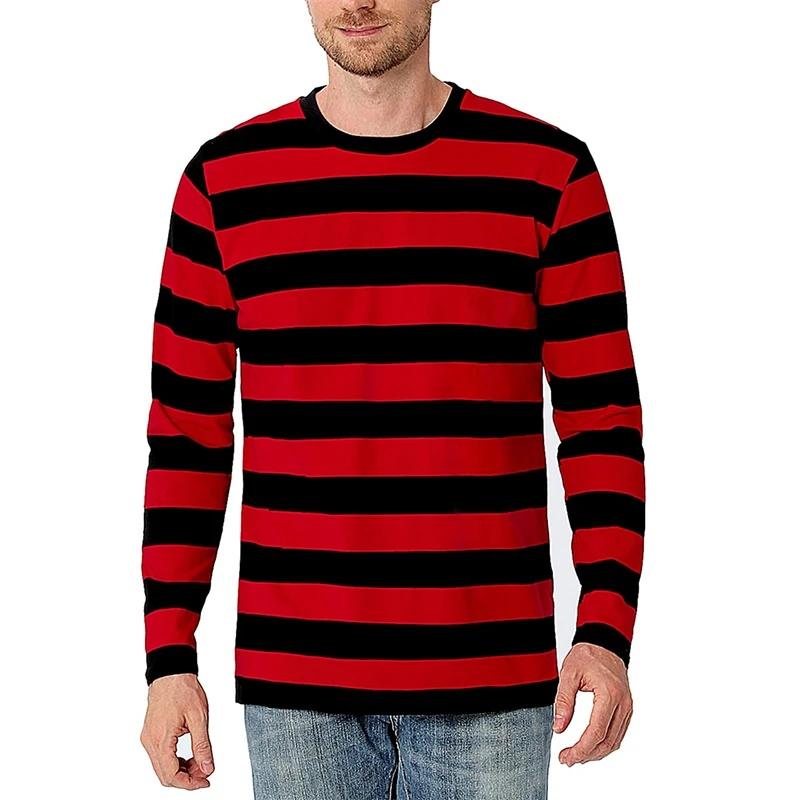 Men s Classic Horizontal Striped Long Sleeved Round Neck Casual Top, Soft Round Neck Basic Daily Long Sleeved T-shirt S