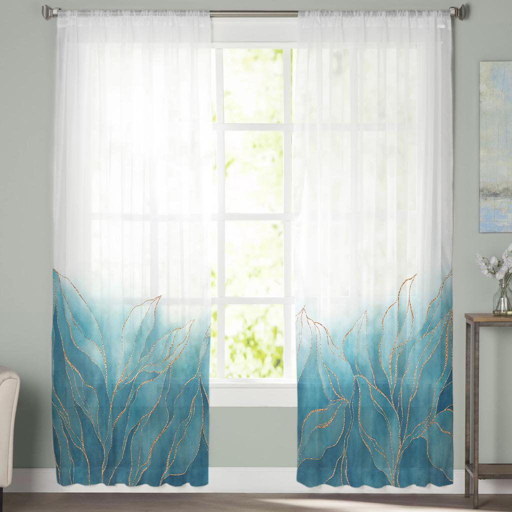 Geometric Abstract Gradient Leaves Teal Voile Sheer Curtains Living Room Window Tulle Curtain Kitchen Bedroom Drapes Home Decor