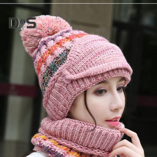 3Pcs/Set Knitting Hat Scarf Set Thickened Plush Lining Furry Ball Decor Beanie Hat Neck Warmer Detachable Face Guard Set