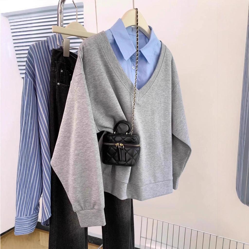 2025 Early Autumn Korean Style Grey Two-Piece Hoodie Jacket for Women, Loose Fit with Polo Collar
