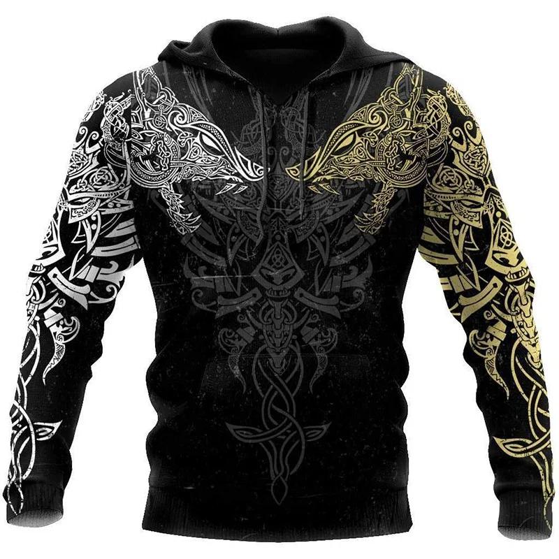 Spring Autumn Fashion Vintage Sweatshirt Men's 3D Print Viking Mythology Hooded Long Sleeve Oversized Hip Hop Men Hoodies Coat
