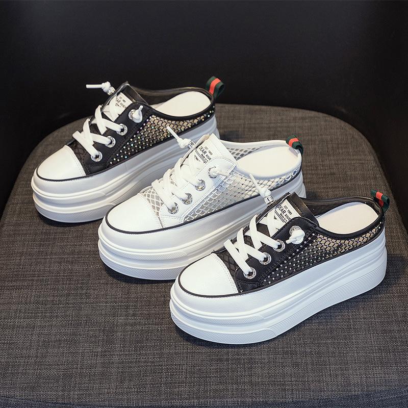New thick-soled bag head half slippers women's summer outer wear mesh breathable muffin casual little white shoes lazy shoes