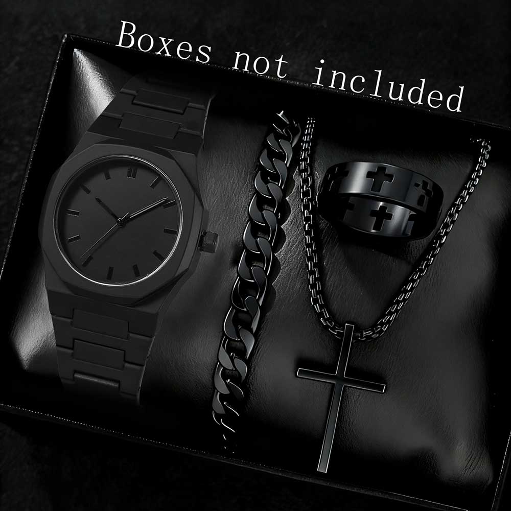 

2/4PCS Black Men s Watch Set Fashion Trend Simple Lines Scale Dial Quartz Watch Jewelry Set Suitable for Daily Clothing Matching