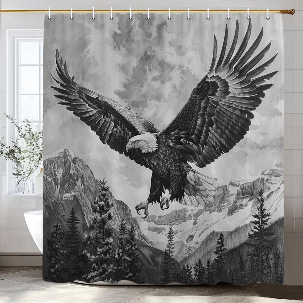 1 Piece Black Line Landscape And Eagle Shower Curtain, Bathroom Decorative Shower Curtain, Waterproof Shower Curtain With Hooks