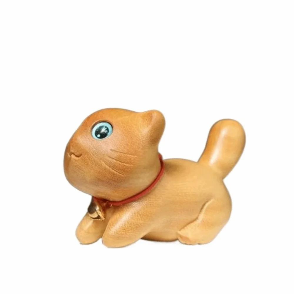 Pet Ornaments Miniature Wood Cat Statue Cute Handmade Carving Animal Statue Cartoon Natural Cat Figurine Desktop